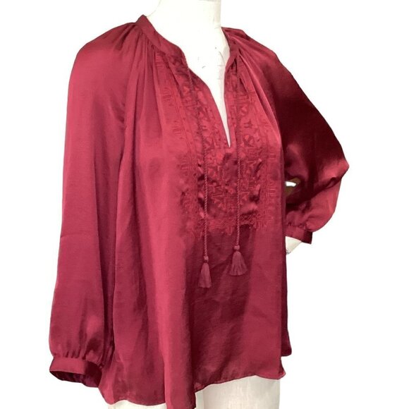 Lucky Brand Embroidered Tassel Tie Neck BOHO Peasant Top L Burgundy Red #224i - Picture 4 of 11